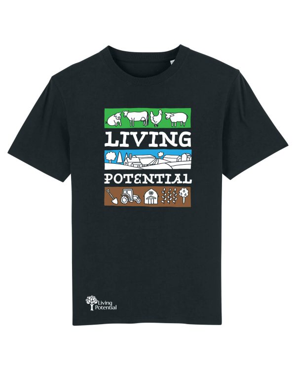 Black t-shirt with large Living Potential text