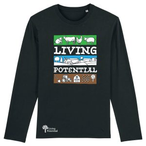 Black long sleeved t-shirt with large Living Potential text